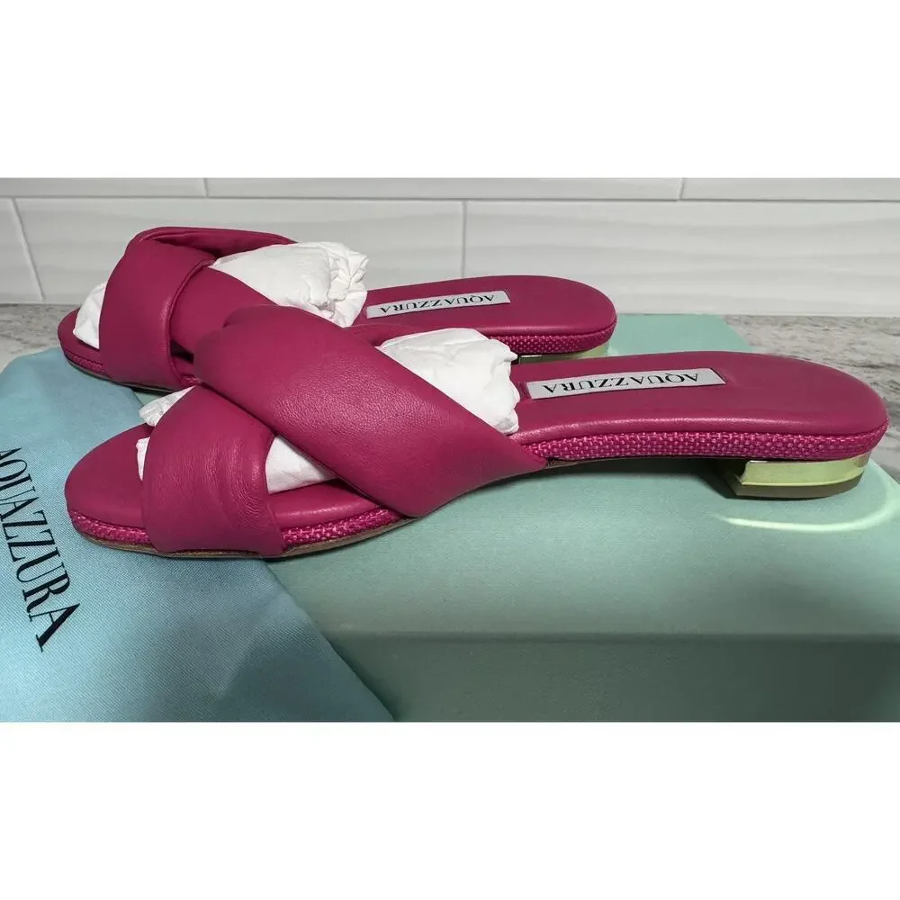 New Aquazzura Olie Pink Soft Leather Raffia Flat Slide on Sandals Size 35 - Picture 7 of 12